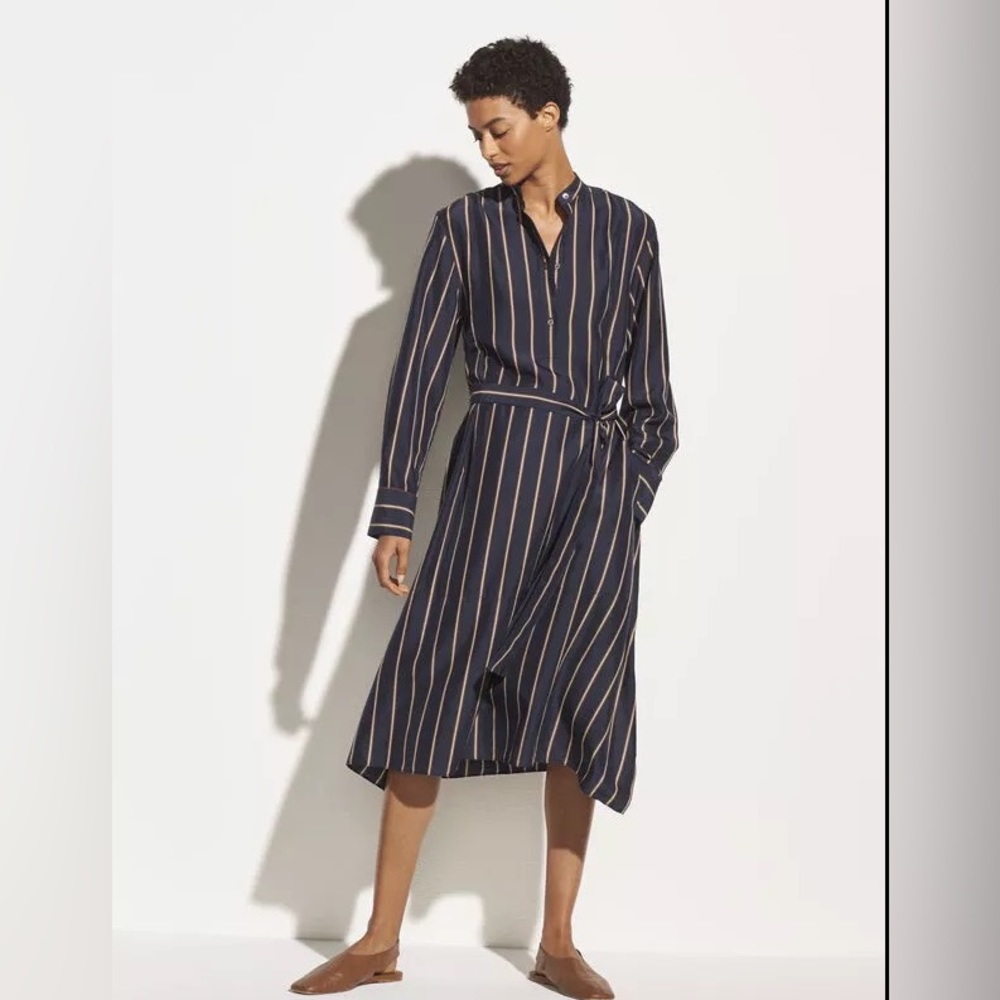 NWT $465 Vince Silk Stripe Panel Belted Midi Dress